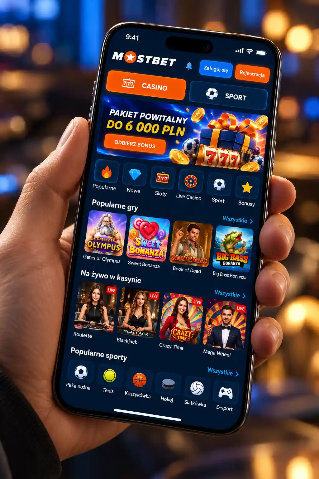 Smartfon z otwartą aplikacją Mostbet – widok menu głównego z sekcją Casino i Sport