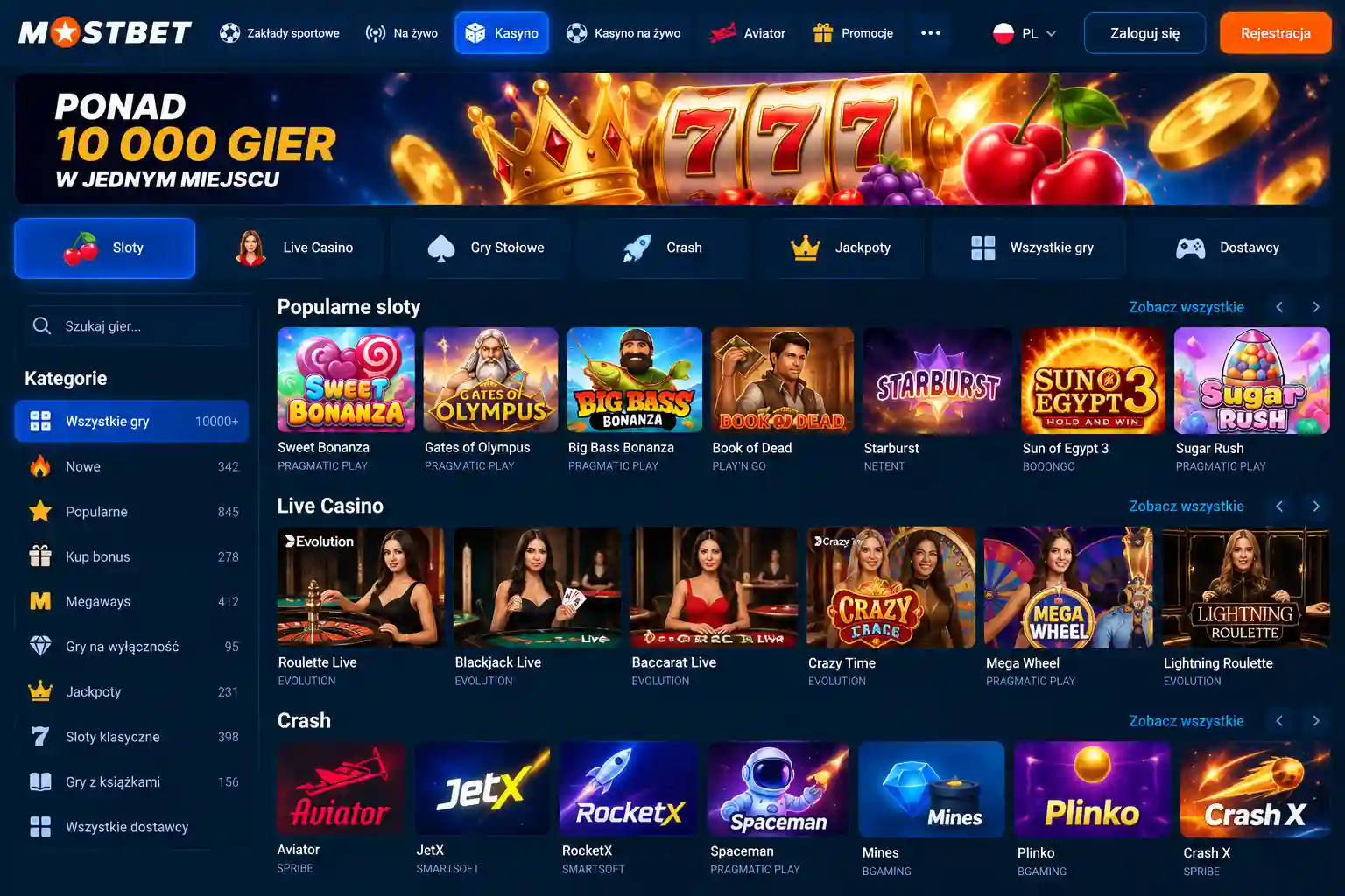 Ekran biblioteki gier Mostbet z widocznymi kategoriami: Sloty, Live Casino, Gry Stołowe, Crash
