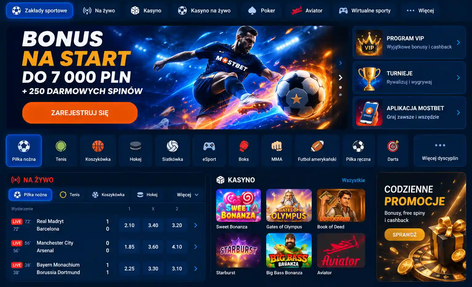 Oficjalny ekran główny serwisu Mostbet Casino PL z widocznym przyciskiem logowania i menu gier