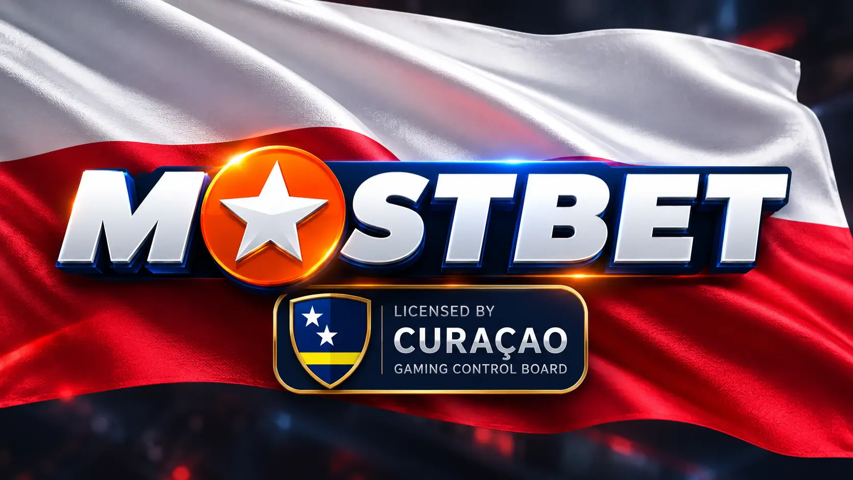 Logo Mostbet na tle polskiej flagi z oznaczeniem licencji Curaçao
