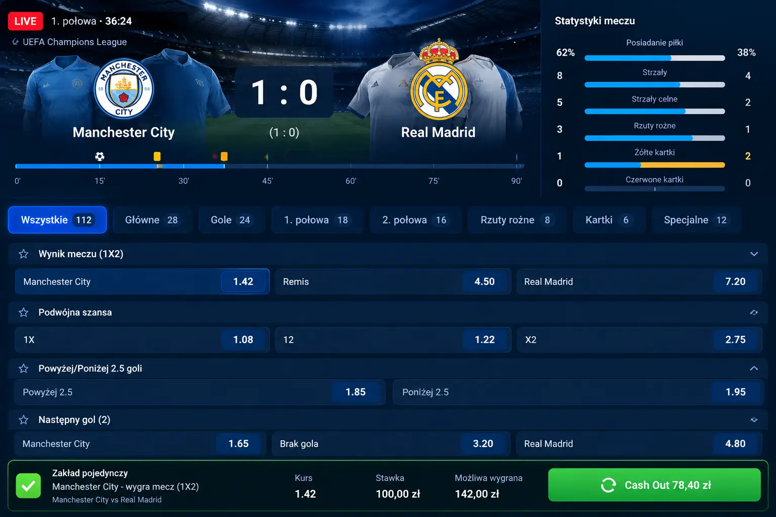 Widok zakładów live w Mostbet z widocznymi statystykami meczu i opcją Cash Out