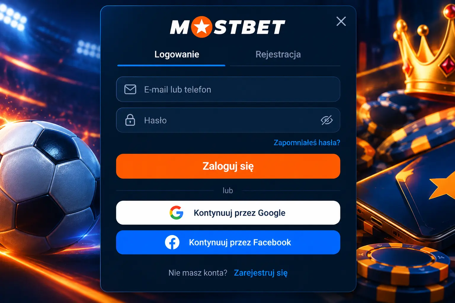Formularz logowania Mostbet z polami email/telefon i przyciskami logowania przez Google i Facebook