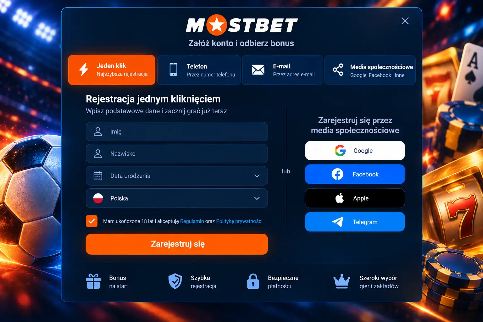 Formularz rejestracji Mostbet z zaznaczonymi czterema metodami otwarcia konta